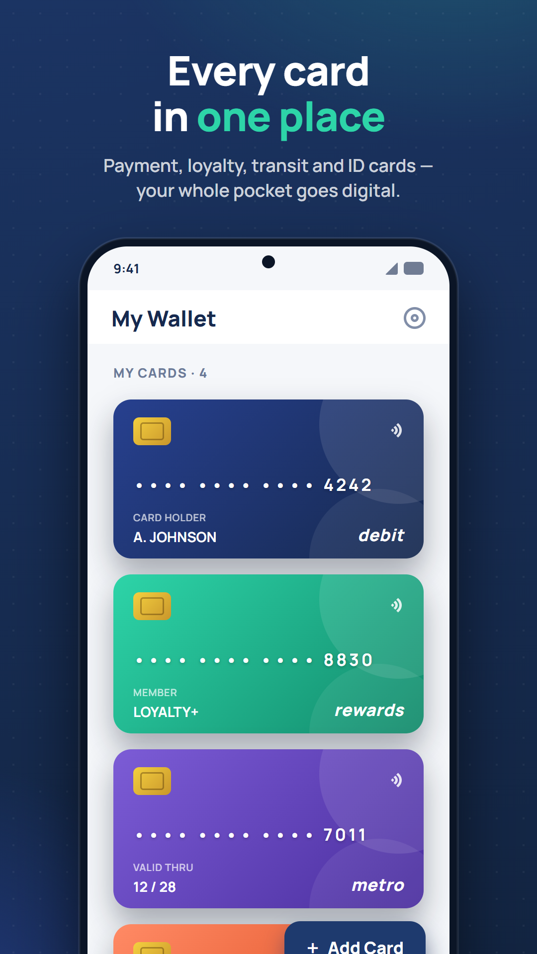Card Wallet home screen showing four cards in one wallet